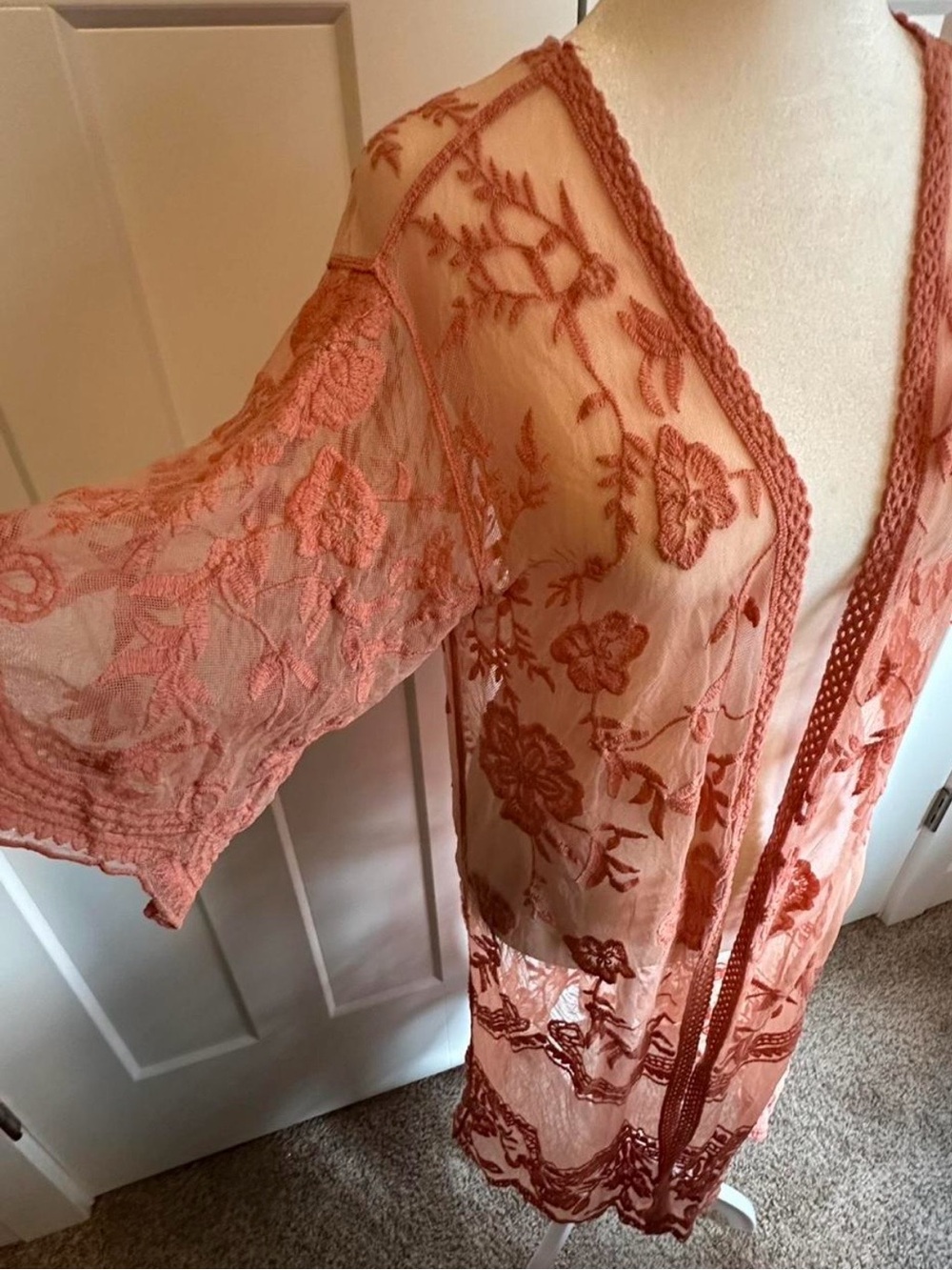 Sheer Floral Embroidered Long Kimono Robe - Rust Pink/peach